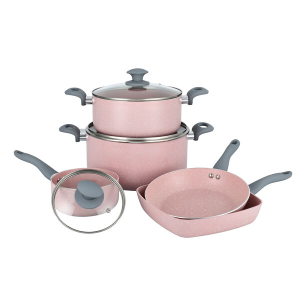 8Pcs Non Stick Cookware Set Marble Pink Stone image number 1