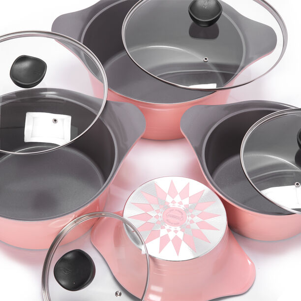 Alberto 8Pcs Cast Alumnium Cookware Set Of Casseroles W/ Glass Lid Pink image number 2