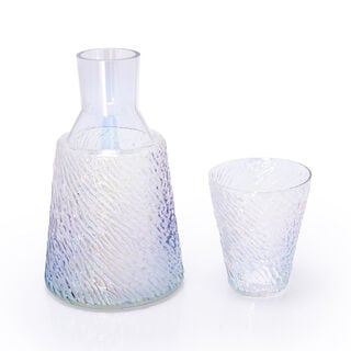 GLASS BEDSIDE WATER JUG AND TUMBLER HAMMERED WITH PEARL DECAL