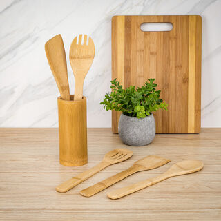 Bamboo Utensils 5 Pcs Set Inside Holder