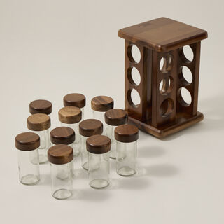Billi glass spice jar set with wooden rack & rotating base 12 pcs
