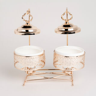 2 pieces Round Food Warmer Set With Candle Stand Gold 12 cm