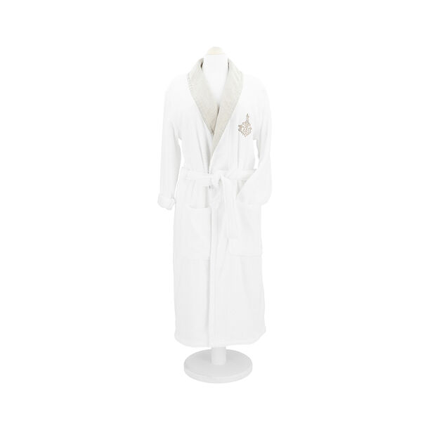 Embroidered Shawl Collar Bathrobe With Linen Cuff White M image number 2