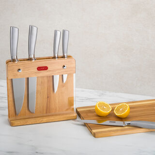 Alberto Rubber Wood Knife Block With 5 Stainless Steel Knives Set