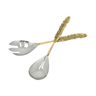 La Mesa 2 Piece Salald Serve Leaf Golden Handle Silver