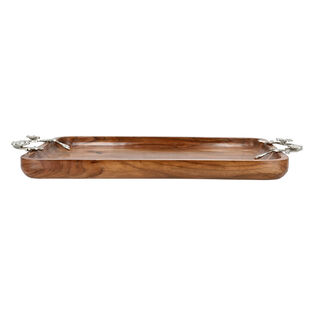 Serving Tray Silver Floral With Natural Wood Base