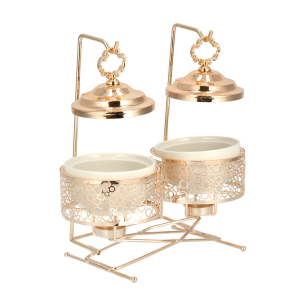 2 pieces Round Food Warmer Set With Candle Stand Gold 5" image number 2