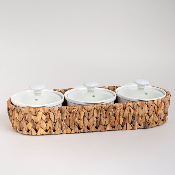 Porcelain 3Pcs Round Casseroles With Lid And Rattan Basket image number 0