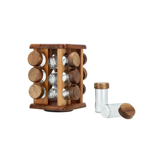 Billi glass spice jar set with wooden rack & rotating base 12 pcs