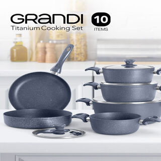 Grandi 10 piece granite cookware set with a stainless steel lid grey
