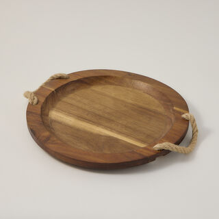Alberto Acacia Wood Round Serving Tray With Rope Handles Dia:35Cm