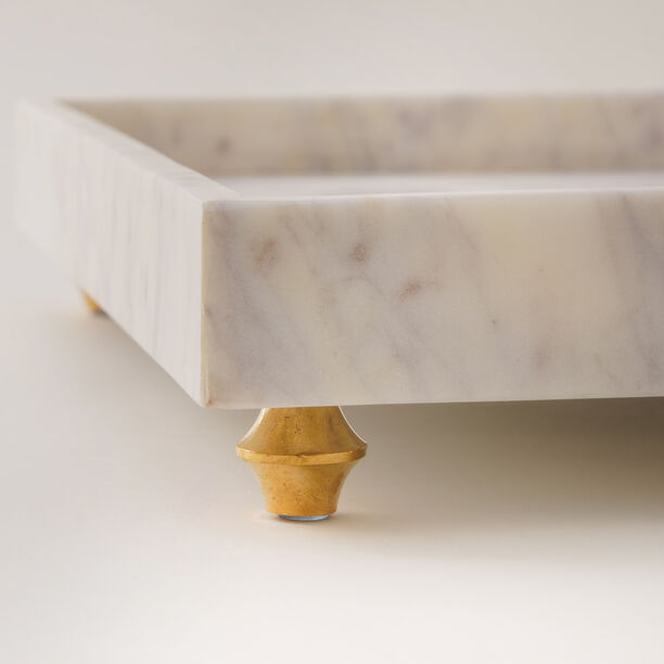 Homez white marble square tray with brass feet 38*38*6.35cm image number 3