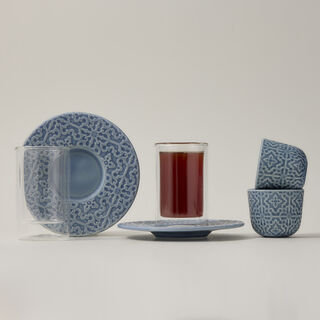 Dallaty blue porcelain and glass tea and Saudi coffee cups set 18 pcs