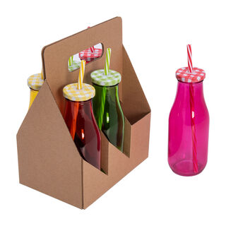 Alberto 6 Pcs Glass Milk Bottles W/ Metal Lid & Straw Asst Colors