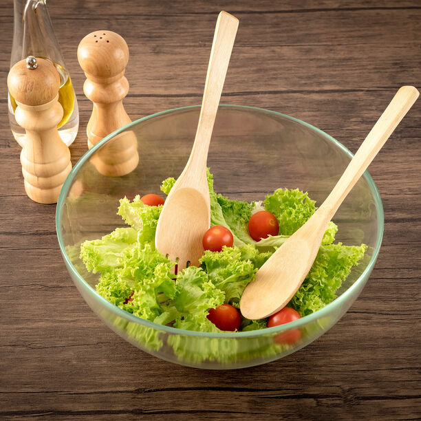 Glass Salad Bowl With Two Wooden Spoons image number 0