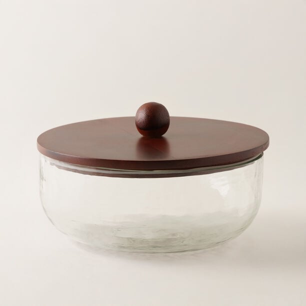 Alberto 1500ml clear hammered glass storage box with wooden lid image number 0