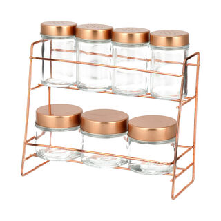 Alberto 7 Pieces Glass Spice Jars With Copper Clip Lid And Metal Stand