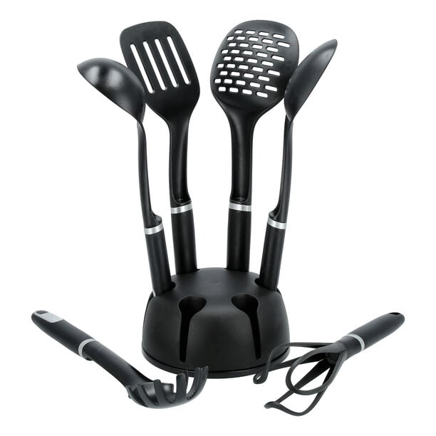6 Piece Utensils Set With Stand Black Silver image number 1