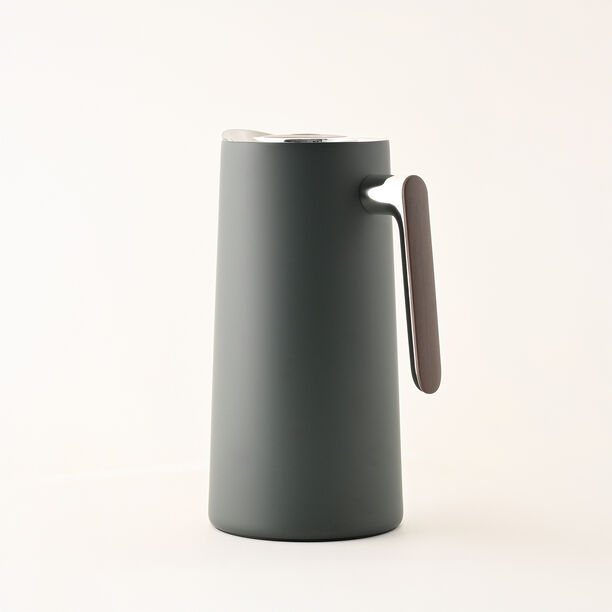 1L green steel vacuum flask with wooden handle image number 1