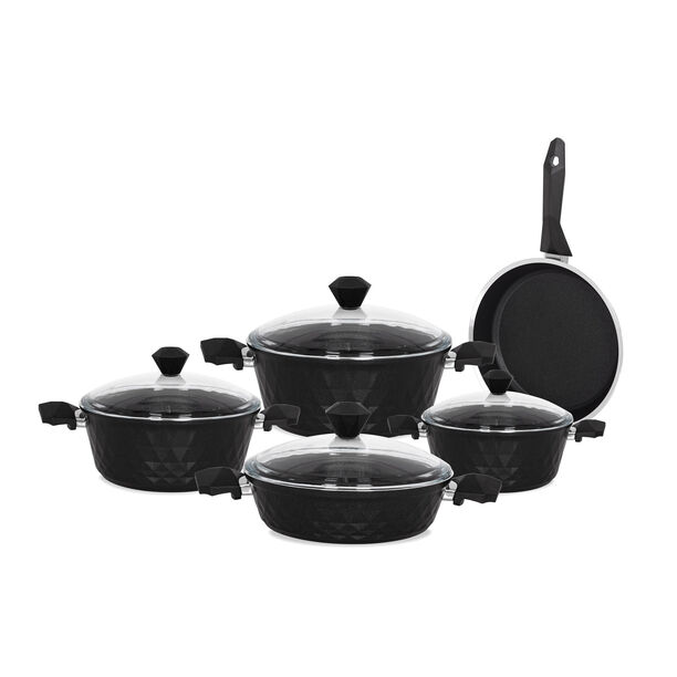 9Pcs Diamond Cookware Set With Glass Lid Black image number 1
