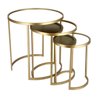 3 Pcs Metal Round Side Table Mirror Top Gold 