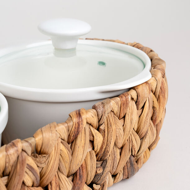 Porcelain 3Pcs Round Casseroles With Lid And Rattan Basket image number 1