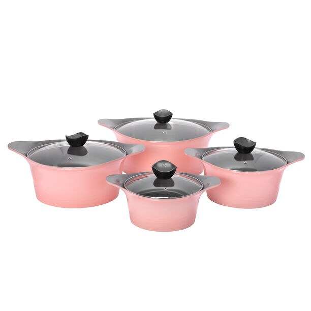Alberto 8Pcs Cast Alumnium Cookware Set Of Casseroles W/ Glass Lid Pink image number 0