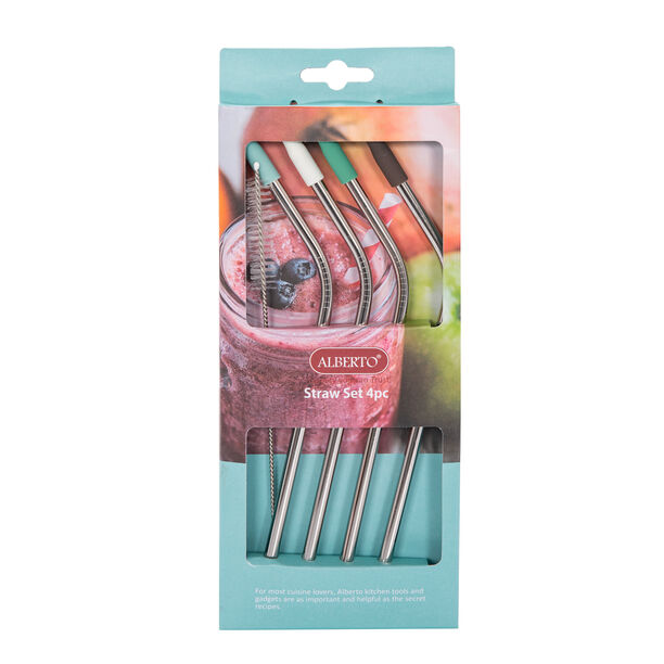 Alberto Stainless Steel Straws With Silicone Tips & Cleaning Brush Set 4 Pcs  image number 1