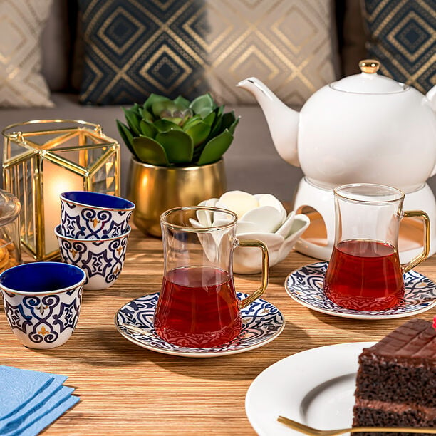 18Pc Arabic Tea And Coffee Set Porcelain Dutone Blue image number 0