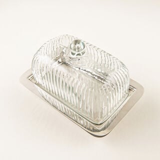 La Mesa Glass Butter Dish With Stainless Steel Base, Silver, 18*12*10Cm