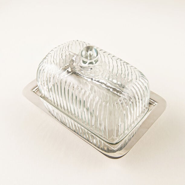 La Mesa Glass Butter Dish With Stainless Steel Base, Silver, 18*12*10Cm image number 3