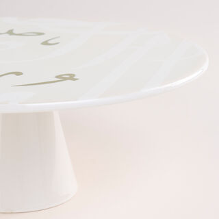 La Mesa white porcelain cake stand with caligraphy