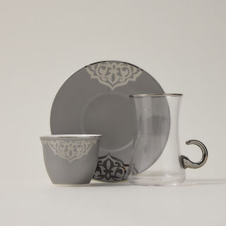 دلتي طقم أكواب شاي وفناجين قهوة سعودية زجاج وبورسلان رمادي 18 قطعة