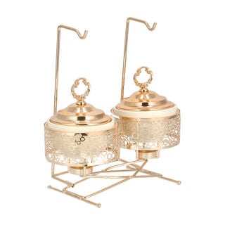 2 pieces Round Food Warmer Set With Candle Stand Gold 5"
