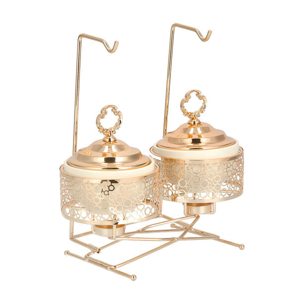 2 pieces Round Food Warmer Set With Candle Stand Gold 5" image number 3