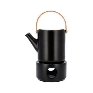 Tea Pot With Bamboo Handle And Warmer In Semi Matt Black Glaze