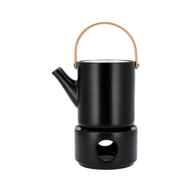 Tea Pot With Bamboo Handle And Warmer In Semi Matt Black Glaze image number 0