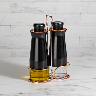 Alberto 2 Pieces Glass Oil And Vinegar Cruet Set Withstand Black & Rose Gold 