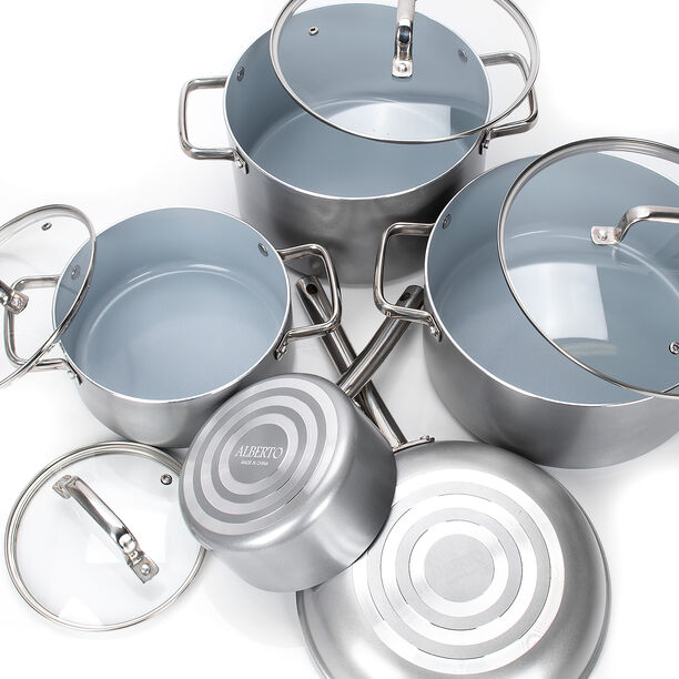 9Pcs Non Stick Cookware Set WithCeramic Coating Inside Silver image number 3
