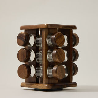 Billi glass spice jar set with wooden rack & rotating base 12 pcs
