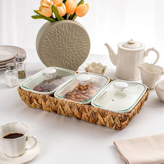 Porcelain 3Pcs Rectangular Casseroles With Lid And Rattan Basket