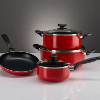 Betty Crocker Non Stick Cookware Set 7 Pieces With Glass Lid Red Color