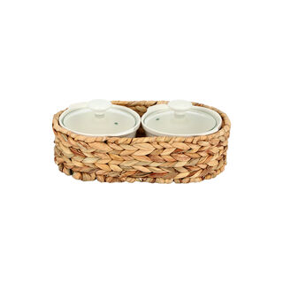 Porcelain 2Pcs Round Casseroles With Lid And Rattan Basket 0.6 L+ 0.6 L