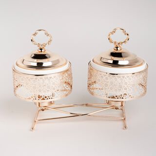 2 pieces Round Food Warmer Set With Candle Stand Gold 12 cm