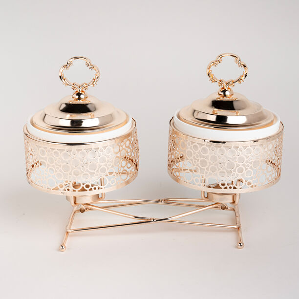 2 pieces Round Food Warmer Set With Candle Stand Gold 12 cm image number 3