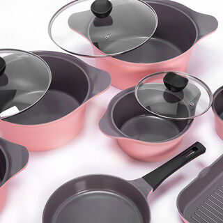 Alberto Tulip 12 Pieces Cast Aluminium Cookware Set With Glass Lids Pink