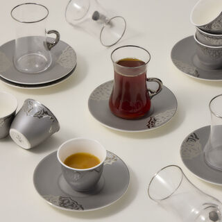 دلتي طقم أكواب شاي وفناجين قهوة سعودية زجاج وبورسلان رمادي 18 قطعة