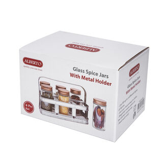 Alberto 6 Pieces Glass Mini Spice Jars With Copper Clip Lid And Metal Tray
