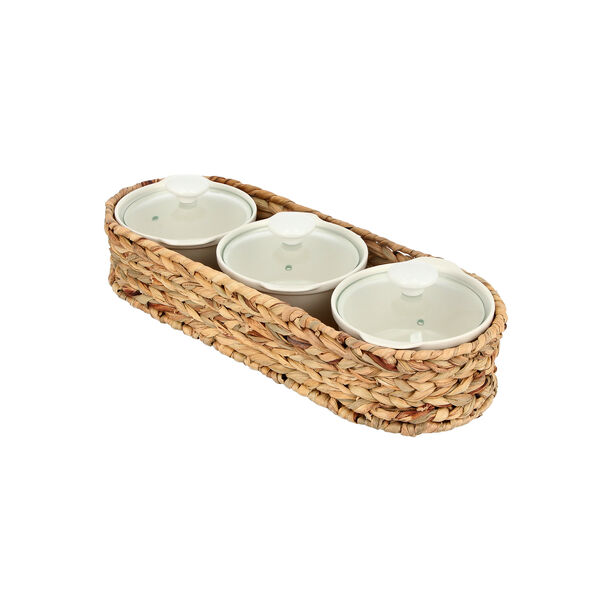 Porcelain 3Pcs Round Casseroles With Lid And Rattan Basket image number 2