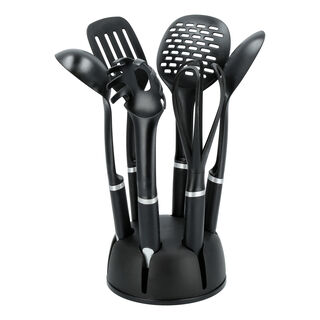 6 Piece Utensils Set With Stand Black Silver